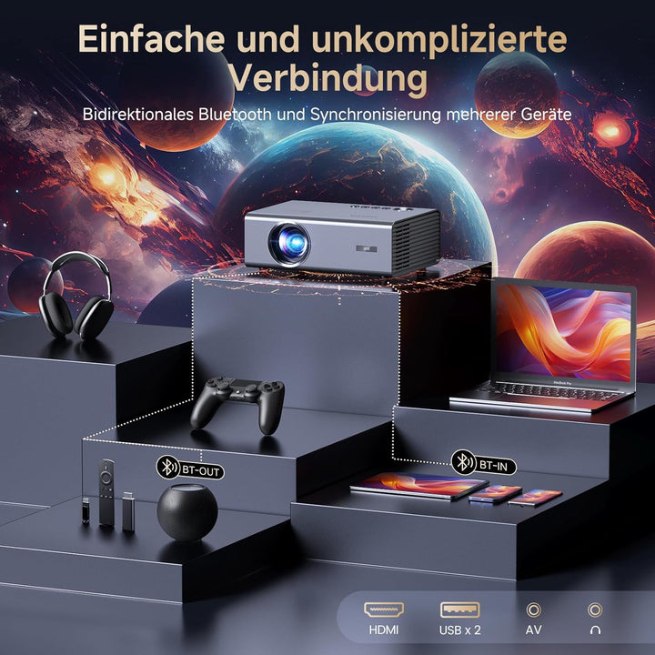 4K Smart Beamer mit integrierter Netflix-App, Kinoähnlichem Sound & HDR | KOGATA Auto-Fokus, 6D Keys
