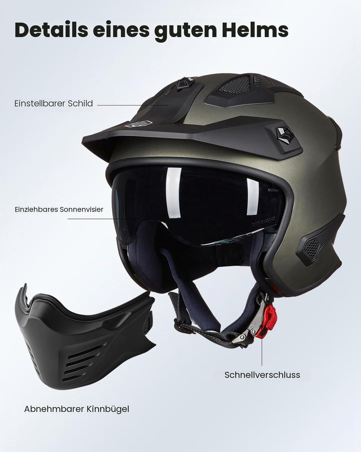 ILM Helm Motorrad Integralhelm Motocross Herren Damen Vintage Retro mit Visier ECE Model 726X L Grün