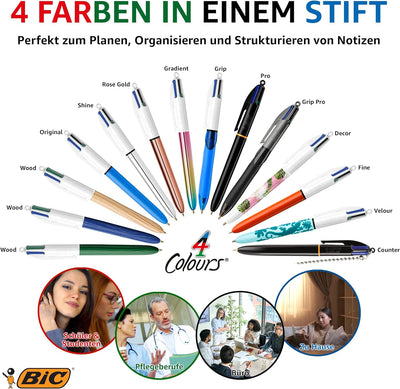 BIC 4 Farben Kugelschreiber Set 4 Colours Shine, in verschiedenen Farben, 12er Pack, Ideal für das B