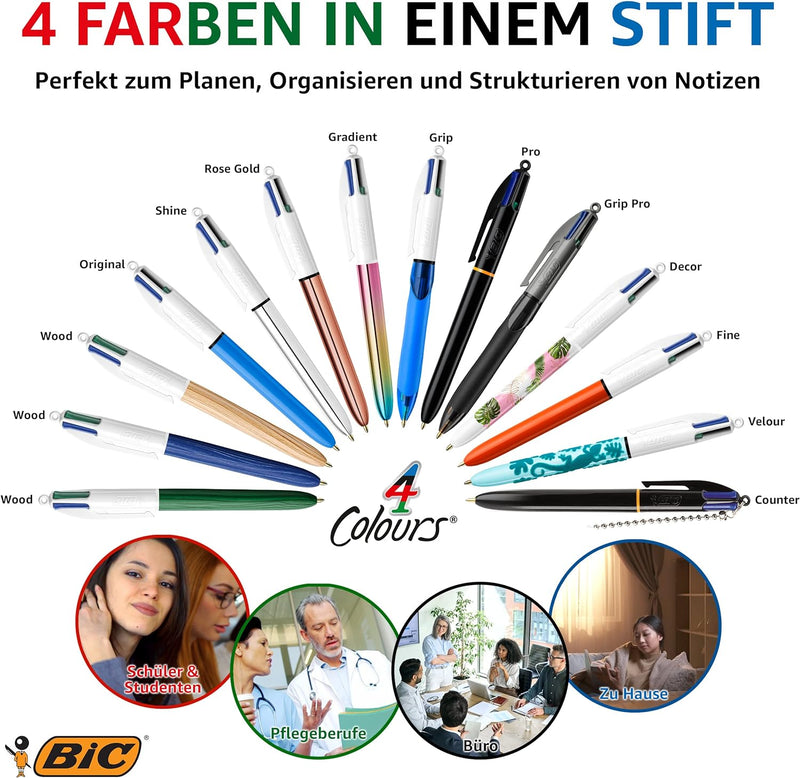 BIC 4 Farben Kugelschreiber Set 4 Colours Shine, in verschiedenen Farben, 12er Pack, Ideal für das B