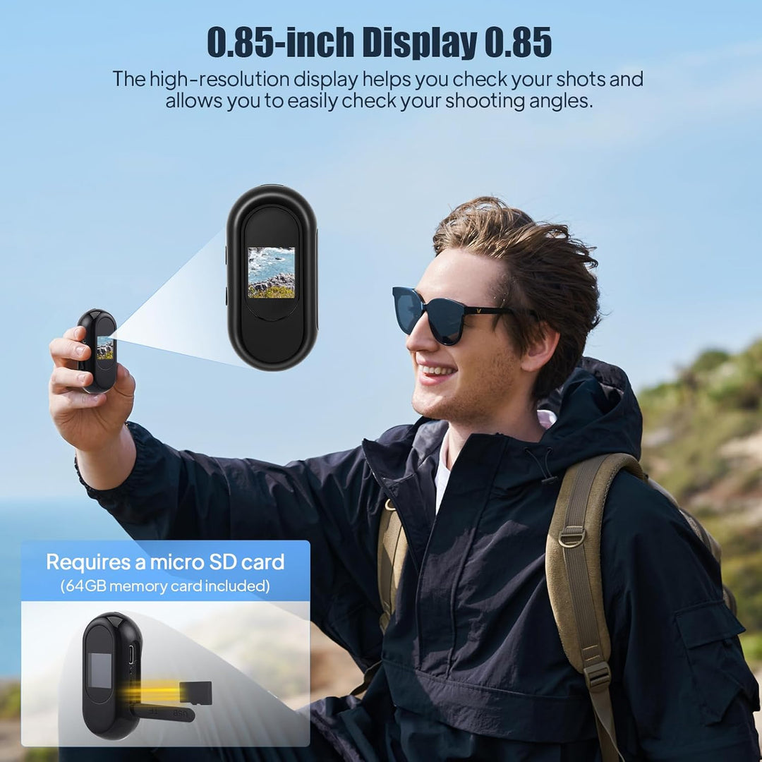 Mini Action Cam mit 64G Speicherkarte, 1080P HD und 130° Weitwinkel, Tragbare Kabellose Magnet Actio