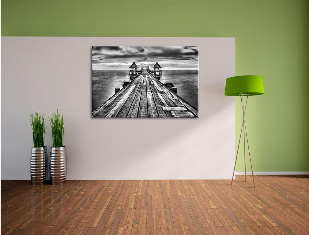 Pixxprint Monocrome, Bootssteg im Sonnenuntergang, Format: 100x70 auf Leinwand, 100x70