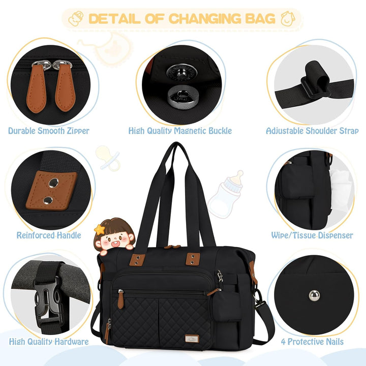 RAINSMORE Baby Wickeltasche Gross mit Schnullertasche und Wickelunterlage Multifunktions Babytasche