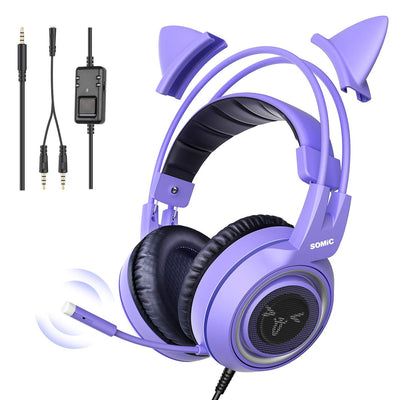 SOMiC G951S Violett Gaming Headset mit Mikrofon, Mädchen, Frauen Abnehmbarer Cat-Ear-Kopfhörer mit L