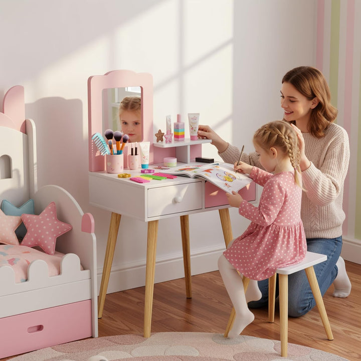 Clevich 2 in 1 Schminktisch Kinder Set, Prinzessin Frisiertisch mit Abnehmbarem Spiegel, 2 Schublade