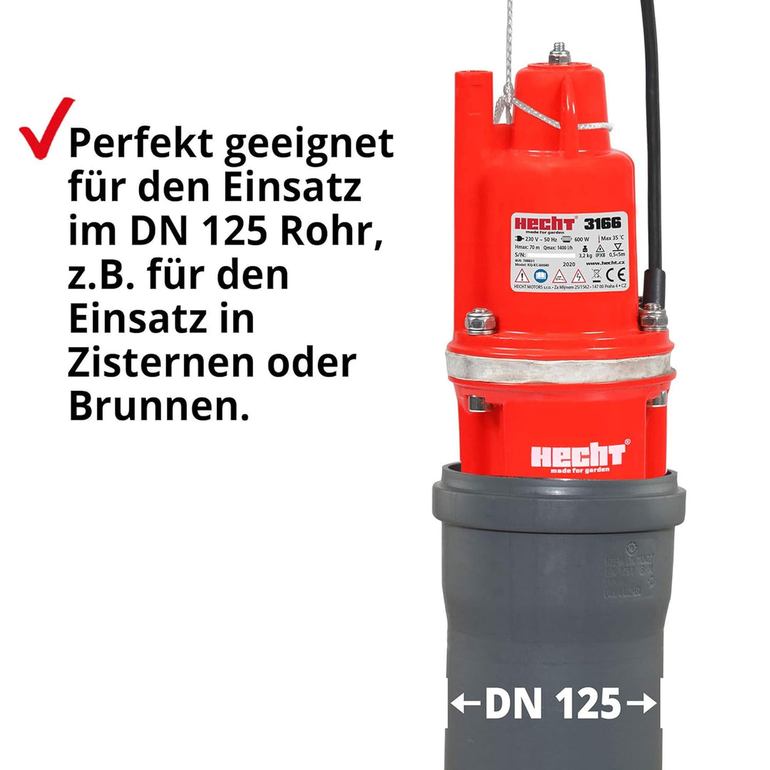 HECHT Tiefbrunnenpumpe – 600 Watt / 230v -240 v – 70 m Förderhöhe – 1400 l/h Fördermenge Wasser – Me