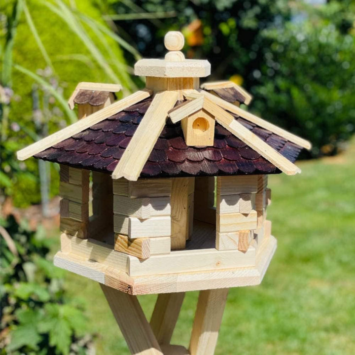 Sechseck Vogelhaus aus Holz L - XL Futterstelle mit und ohne Ständer handgefertigt (L mit Ständer, B