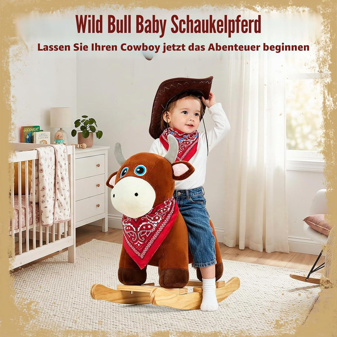 FUNLIO Stier-Schaukelpferd für Kinder 1–3 Jahre, wildes Baby-Schaukelpferd mit weichem Kopf und funk