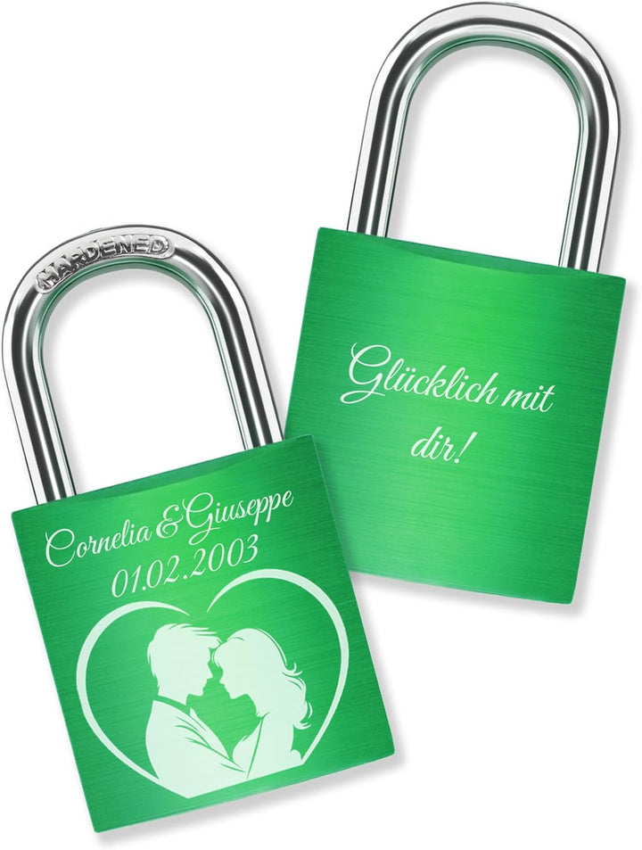 Liebesschloss mit Gravur + Schlüssel - Grün - gestaltbar mit vielen Farben, Pärchenmotiven & Schrift