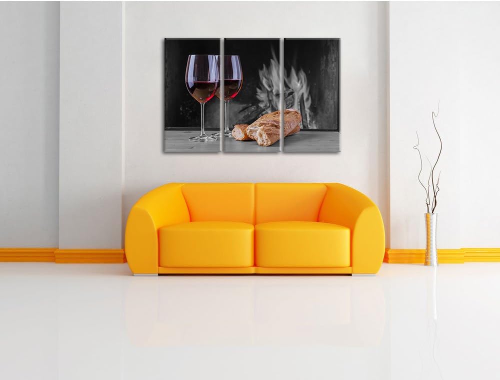 Pixxprint Baguette Wein Picknick als Leinwandbild/Grösse: 3 Teilig (120x80) cm/Wandbild/Kunstdruck/f