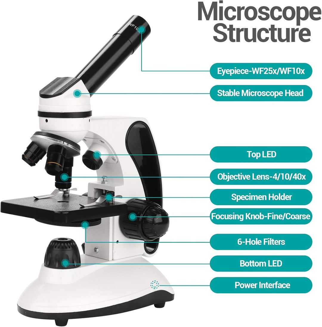 Mikroskop für Kinder mit Objektträger Set, Dual-LED-Beleuchtung,Professionelle Microscope für Schull
