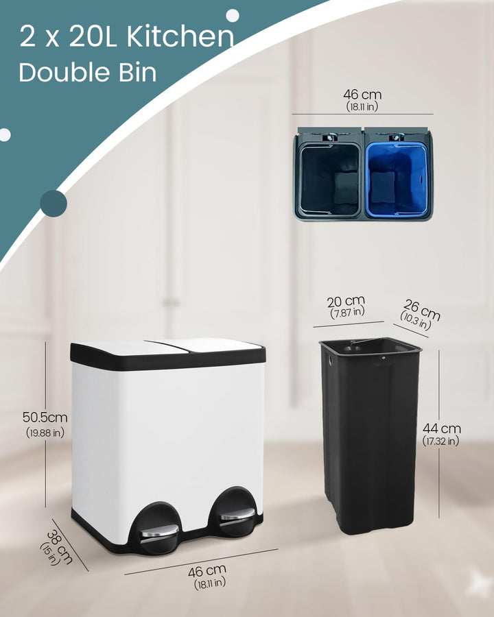 Mülleimer 2 fächer 40 liter,Mülleimer 2x20l,Mülltrennsystem 40l,Doppelmülleimer,Treteimer für Recycl