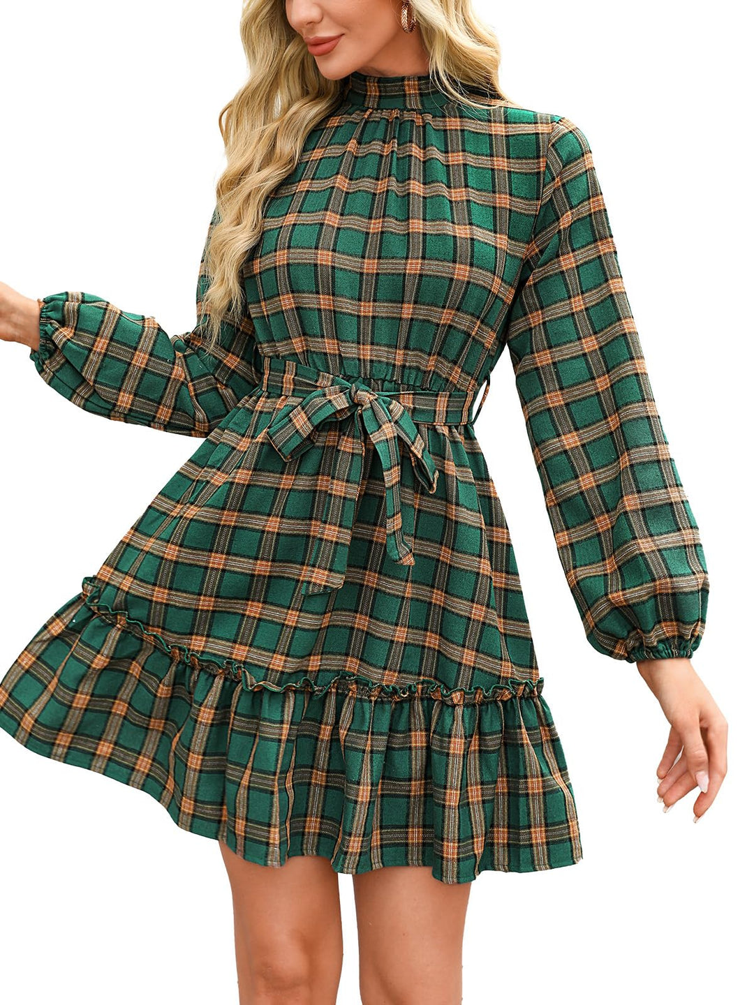 CUPSHE Damen Kleid High Neck Langarm Blumenmuster Kurzes Minikleid Freizeitkleider Party Tunika Dres