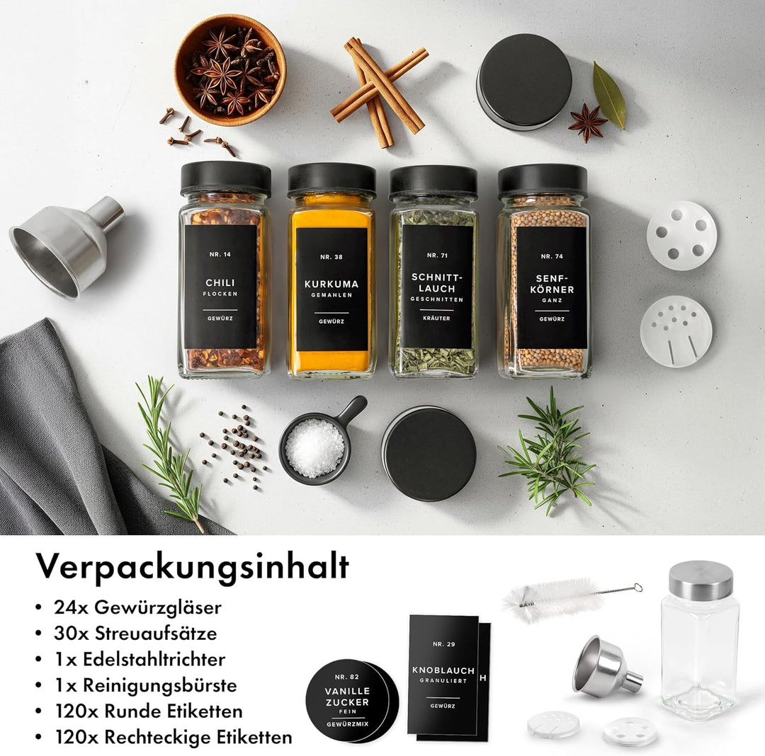 EDELHAUS Gewürzgläser Eckig Set mit Edelstahl Deckel Schwarz (24 x 120ml) Gewürzstreuer mit Streuein