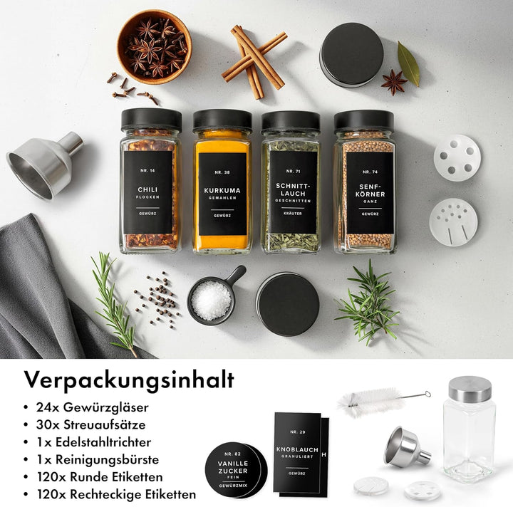 EDELHAUS Gewürzgläser Eckig Set mit Edelstahl Deckel Schwarz (24 x 120ml) Gewürzstreuer mit Streuein