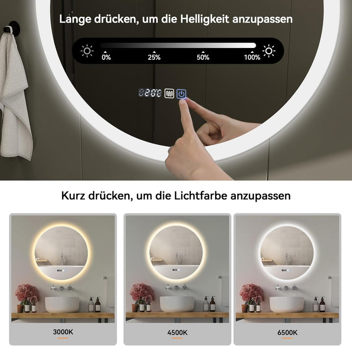 YOURLITE LED Spiegel Bad mit Beleuchtung 60cm Rund,Badspiegel mit Beleuchtung,Touch-Schalter,3 Licht