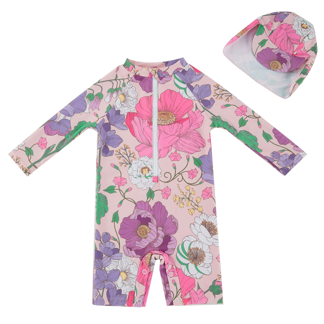 UMELOK Baby Badebekleidung Mädchen Badeanzug mit Sonnenhut UV Schutz 6-9 Monate Helle Blume, 6-9 Mon