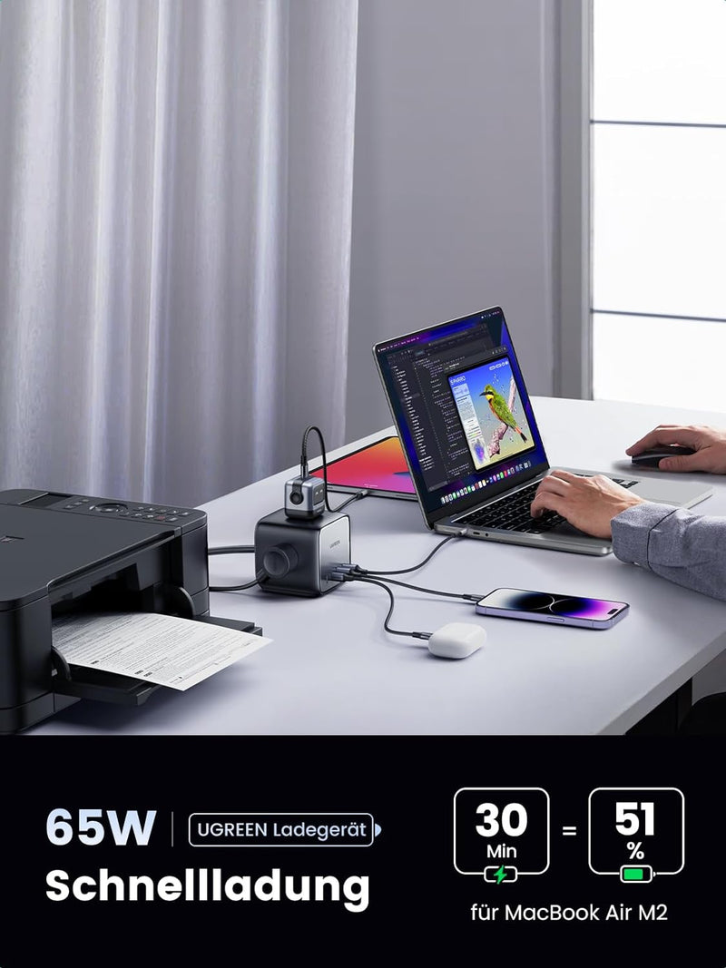 UGREEN Nexode DigiNest Würfel 65W Steckdosenleiste GaN USB C Ladegerät USB 3-Fach Steckdose mit Scha