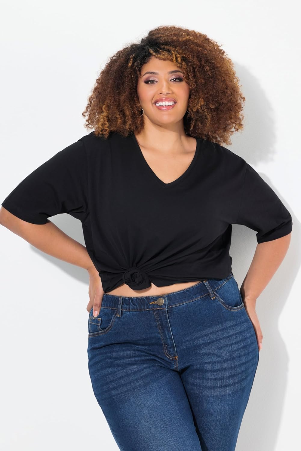 Ulla Popken Damen grosse Grössen Übergrössen Plus Size T-Shirt, Basic, Relaxed Fit, V-Ausschnitt, Ha