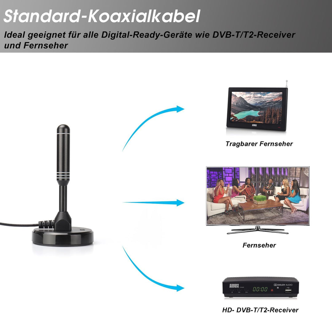 DVB-T/DVB-T2-Antenne - August DTA240 - stärkere Stabantenne für digitales Fernsehen / Digital TV / D
