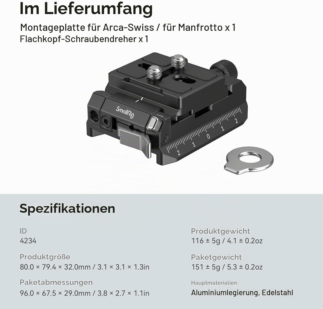SmallRig Schnellwechselplatte und Klemme für Arca-Swiss Standard, mit Bottom Platte für Manfrotto 50