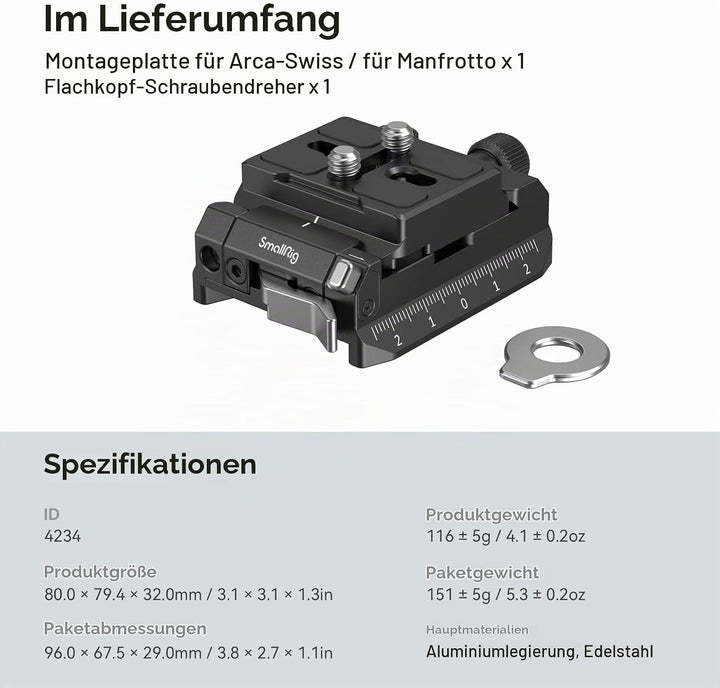 SmallRig Schnellwechselplatte und Klemme für Arca-Swiss Standard, mit Bottom Platte für Manfrotto 50