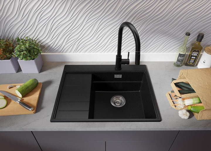 PRIMAGRAN Spülbecken Schwarz 62x50cm, Granitspüle 1 Becken + Ablauf-Set, Küchenspüle ab 45er Untersc