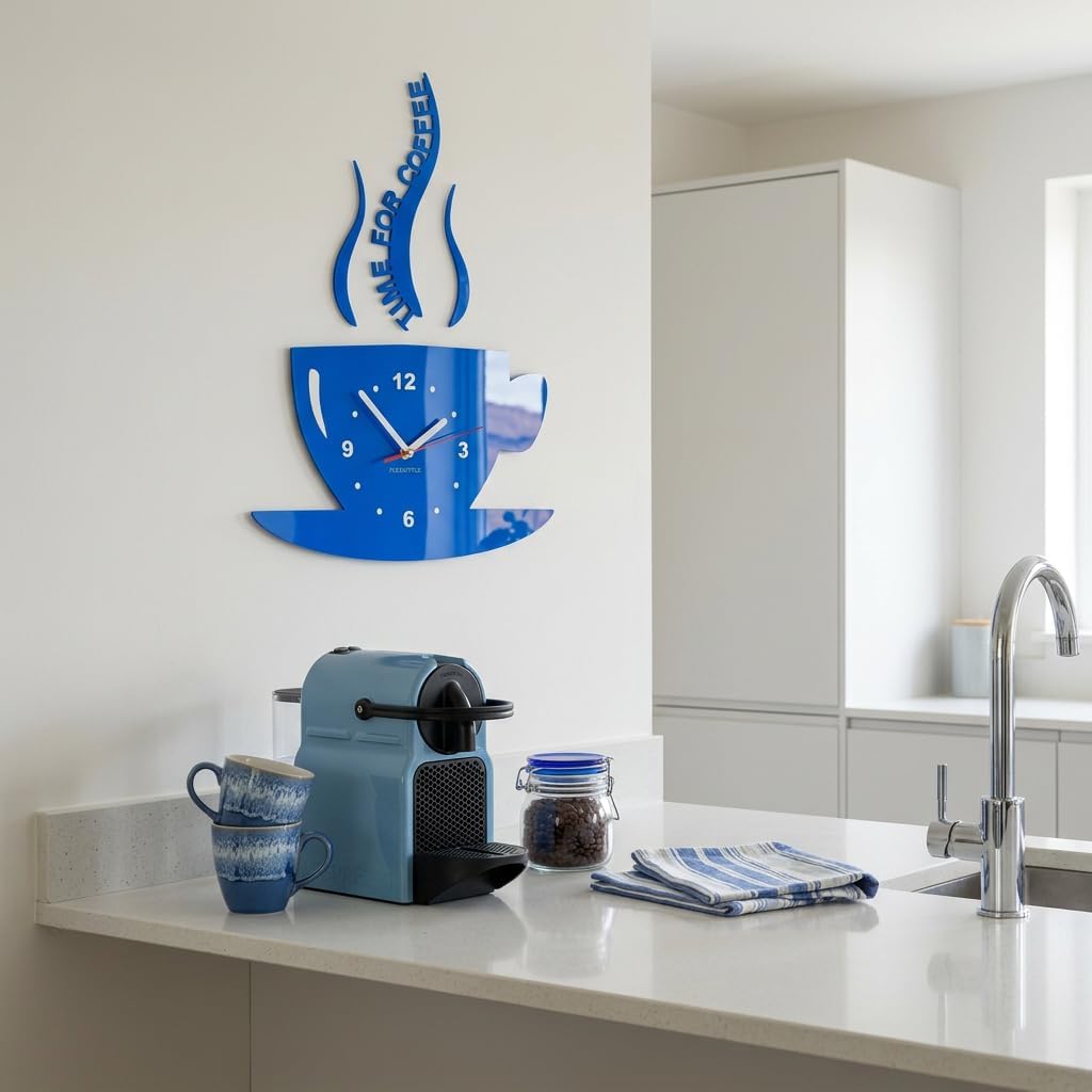 FLEXISTYLE Tasse Time for Coffee (Zeit für Kaffee) Moderne Küche Wanduhr blau, 3D römisch, wanduhr d