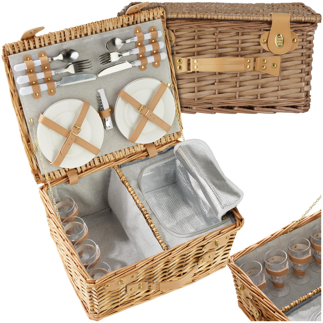 tectake® Picknickkorb 4 Personen, inkl. Kühlfach, befüllter Picnic Basket Weidenkorb für Ausflug, Ca