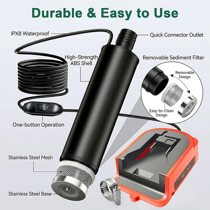 Tragbare Wasserpumpe für Milwaukee M18 18V Akku, 30 L/min, 4,2 m Kabel, Förderhöhe bis 16 FT (4,9 m)