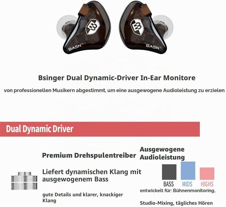 BASN Bsinger In-Ear-Monitore Geräuschisolierende Kopfhörer, Dual-dynamische Treiber High Definition