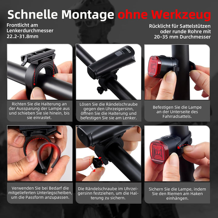 Fahrradlicht Set StVZO-konform, Fahrradbeleuchtung vorne und hinten, USB-C wiederaufladbare IPX4 Spr