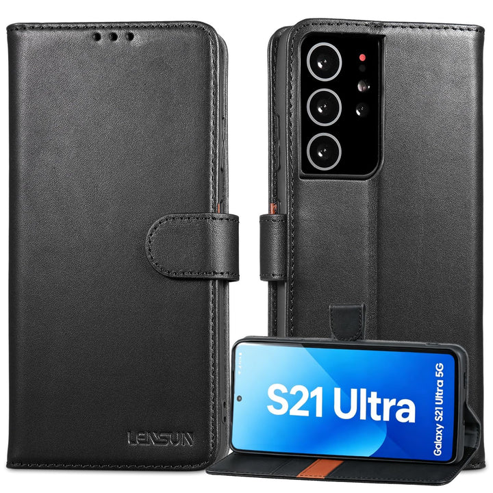 LENSUN Echtleder Hülle für Samsung Galaxy S21 Ultra, Handyhülle [Echtes Leder] [Magnetverschluss] [K