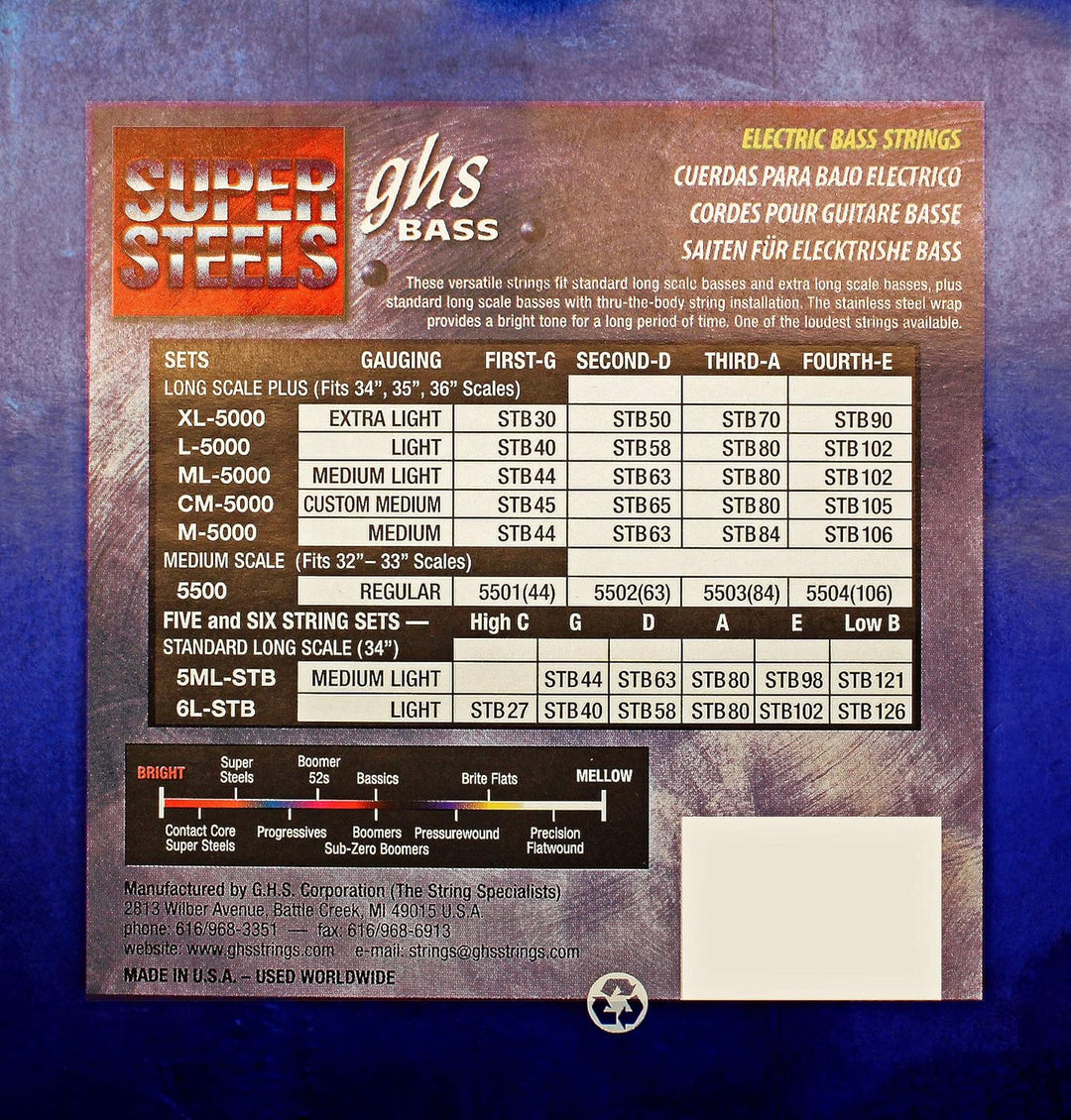 GHS Super Steels - CM5000 - Bass String Set, 4-String, Custom Medium Light, .045-.105