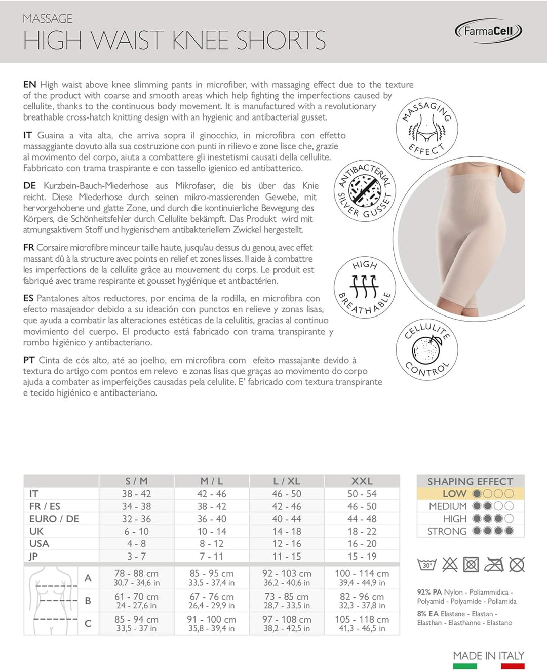 FarmaCell 113 Shorts Hohe Taille, massierende und reduzierende Hose, Anti-Cellulite XL-XXL Weiss, XL