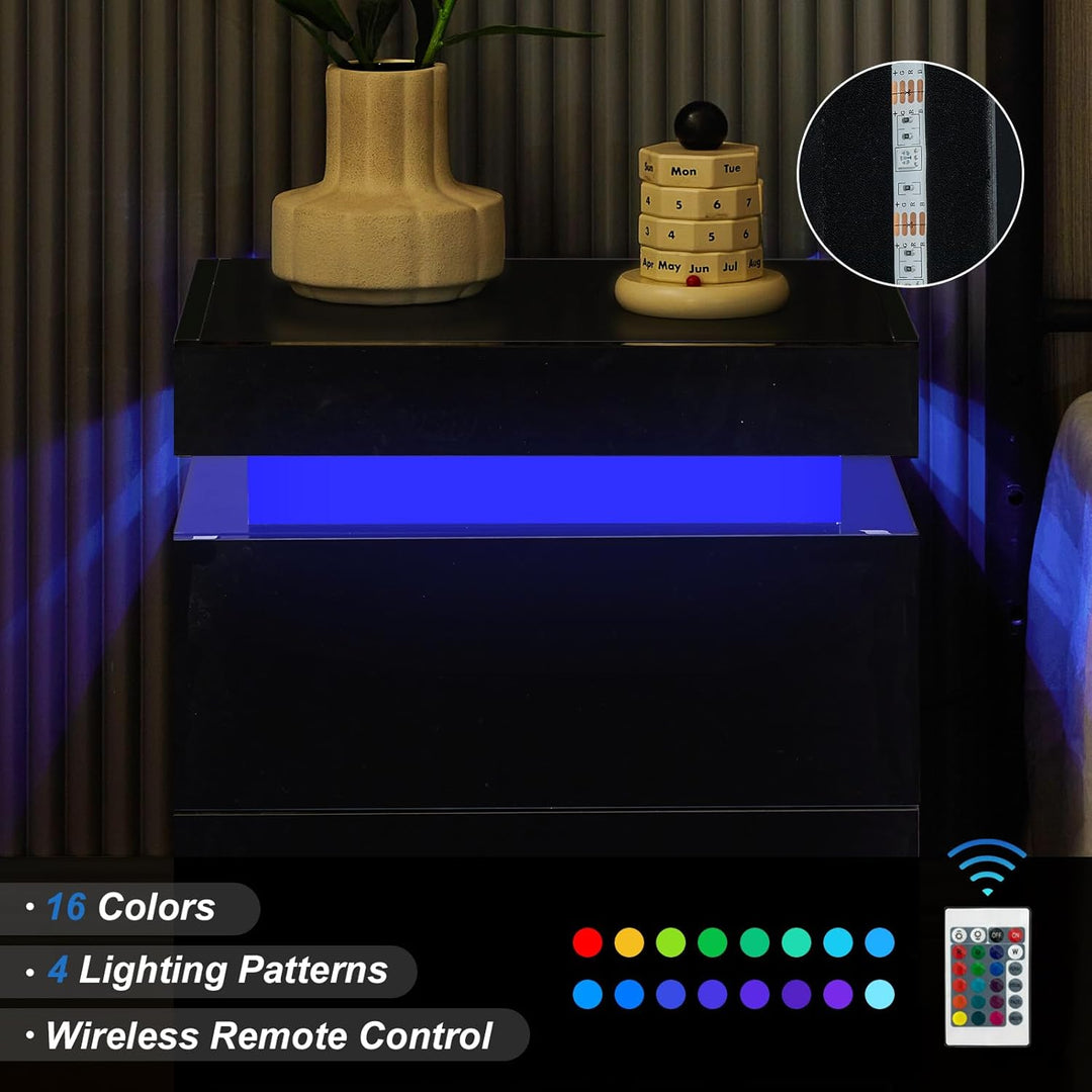 CLIPOP Nachttisch mit LED, Hochglanzfront Kommode mit 2 Schubladen mit 16 Farben RGB LED-Leuchten, 2