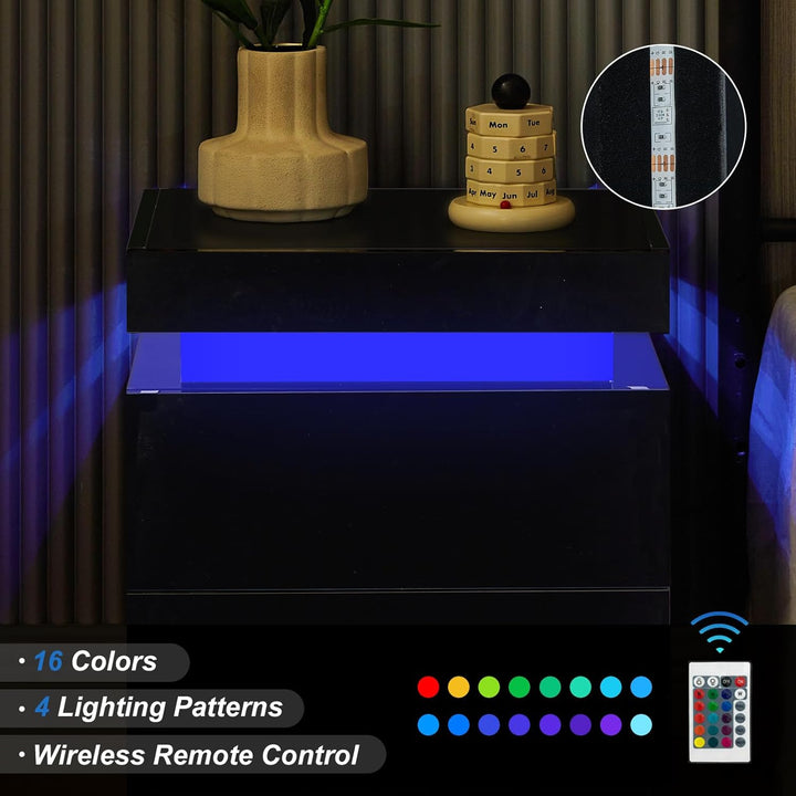 CLIPOP Nachttisch mit LED, Hochglanzfront Kommode mit 2 Schubladen mit 16 Farben RGB LED-Leuchten, 2