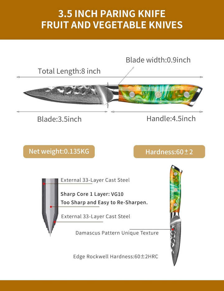 9 cm Paring Messer für Obst und Gemüse Schälmesser, Gehämmertem Damaskus Stahl und Harz Griff - Yao