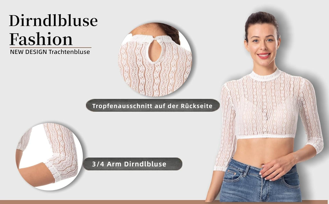 Dirndlwelle Spitze Dirndlbluse Langarm Dirndlbluse Damen Trachtenbluse Creme Dirndl Bluse Hochgeschl