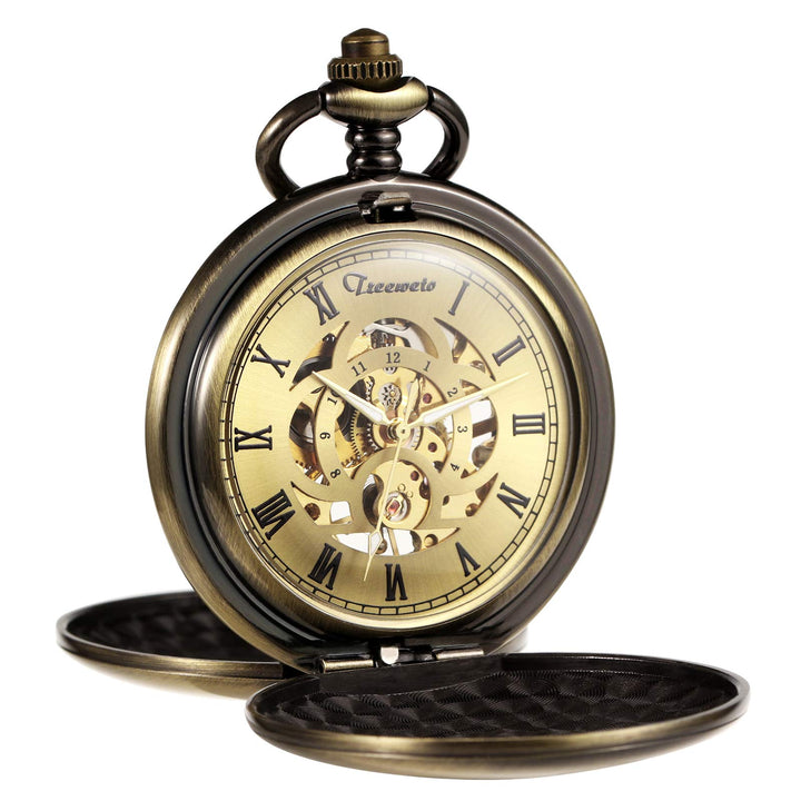 TREEWETO Taschenuhr Unisex Taschenuhr mit Kette Analog Mechanisch Handaufzug Doppelscharnier Antik R