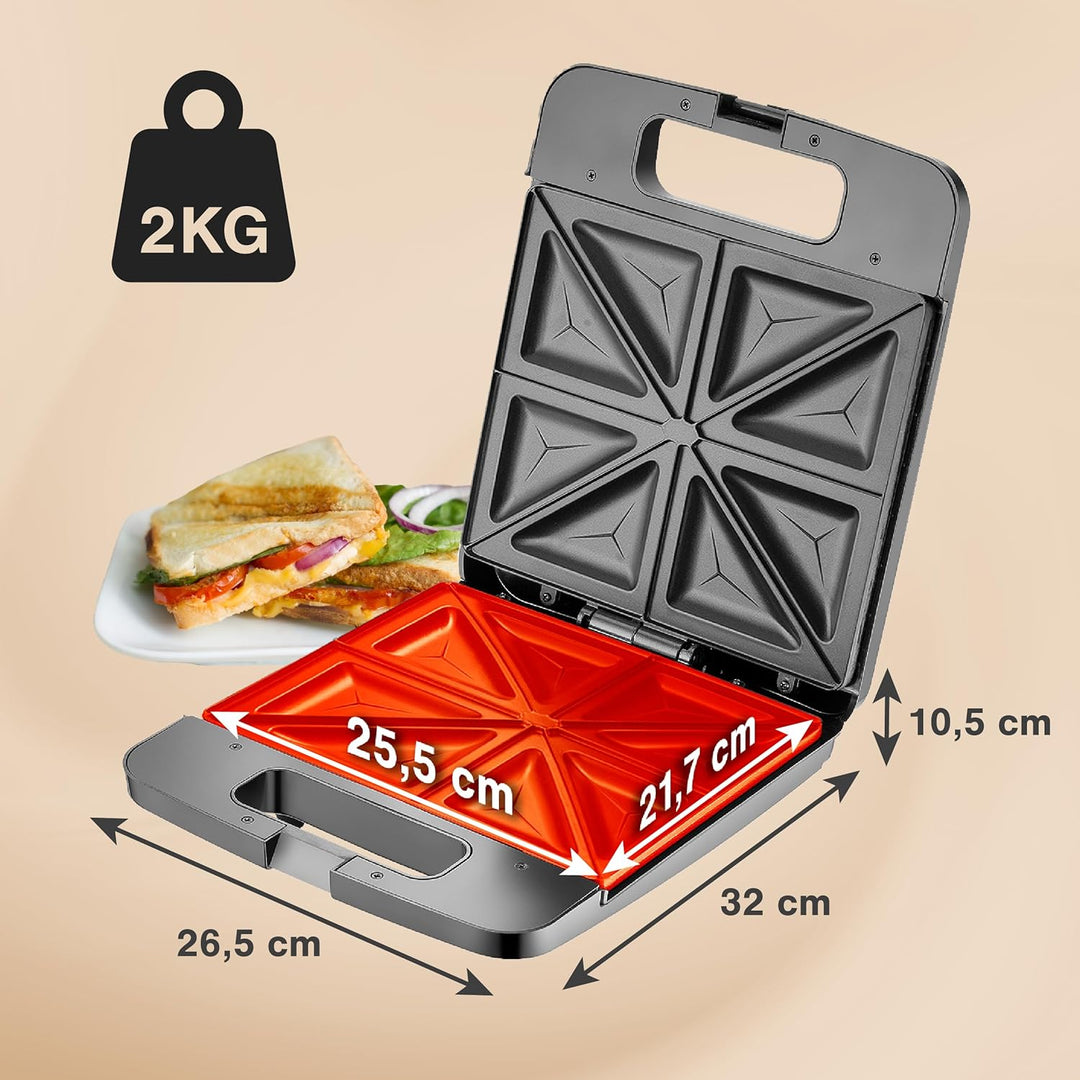 Sandwichmaker XXL für 4 grosse Sandwiches – 1400 W, Antihaftbeschichtung, Schnellaufheizung, automat