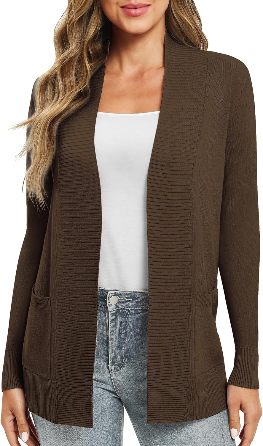 EXCHIC Damen Lange Ärmel Gestrickt Strickjacke Leicht Gemütlich Offene Vorderseite Lange Freizeitjac