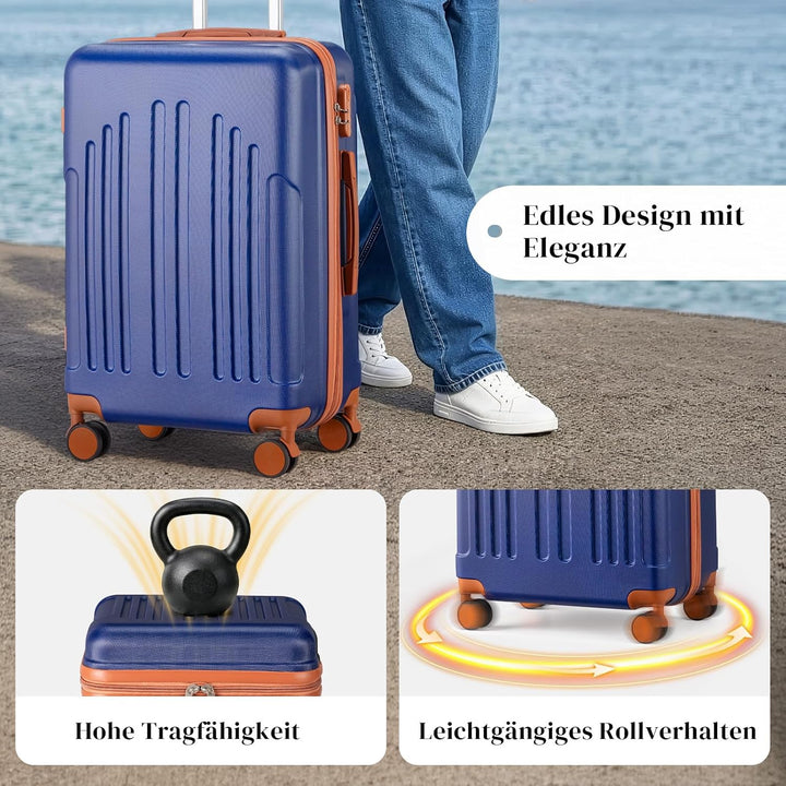 LALAHO Kofferset 5 teilig mit Kosmetikkoffer (Navy-Braun) | Hartschalen Koffer Set aus ABS, Reisekof