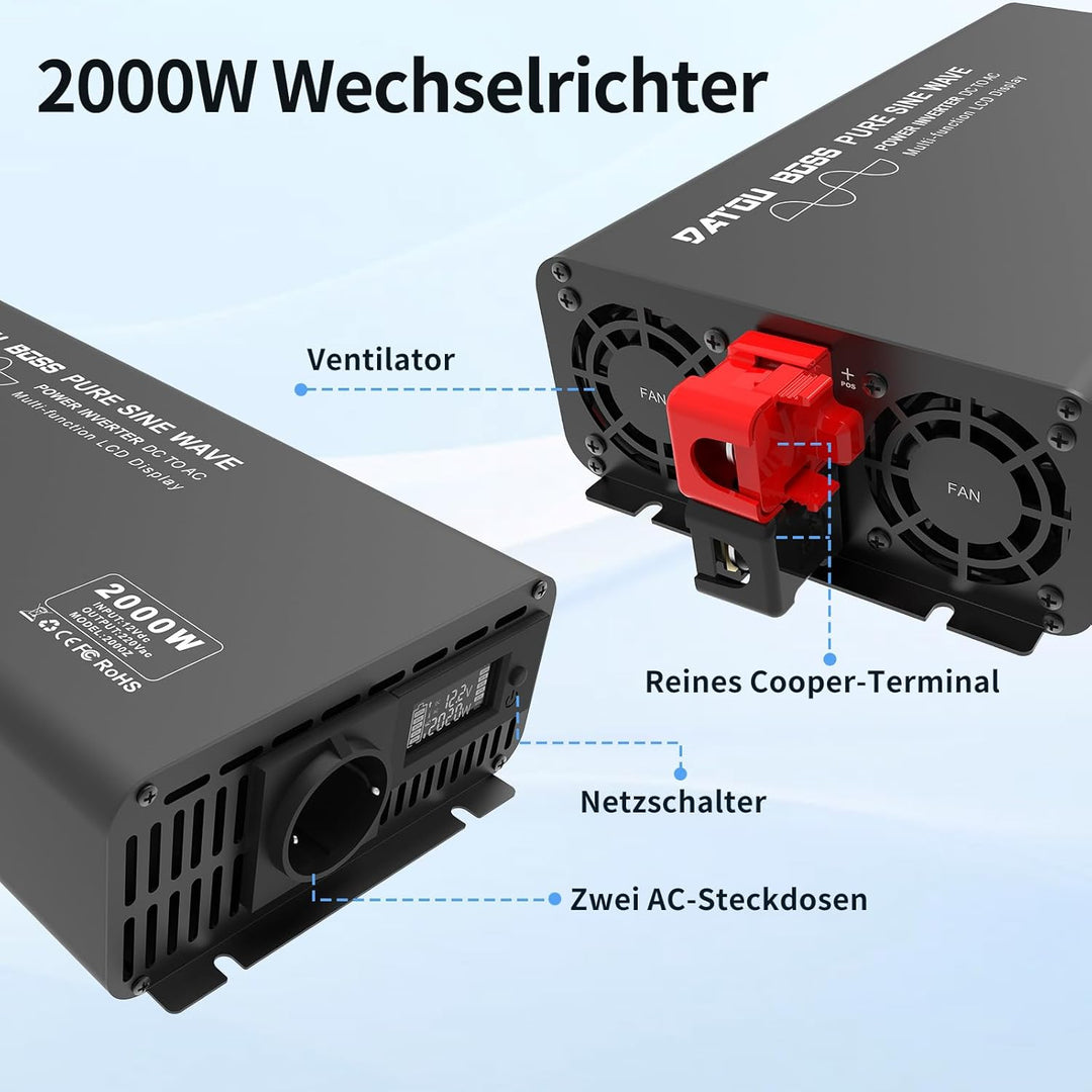 DATOUBOSS 2000W Wechselrichter Reiner Sinus 12V auf 230V Spitzenleistung 4000W mit 1 EU-Steckern, LC