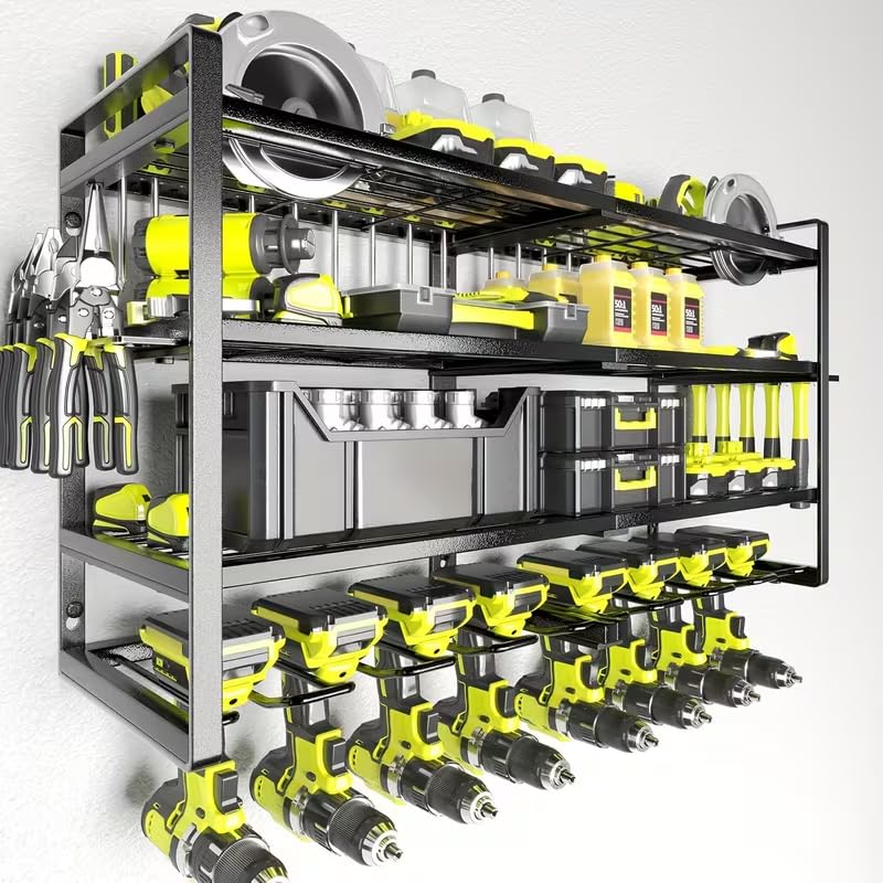 4-tier electric tool storage rack, heavy-duty metal shelf, wall-mounted garage organizer with slots