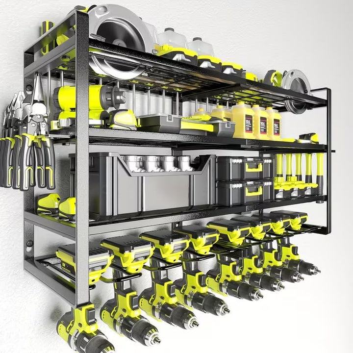 4-tier electric tool storage rack, heavy-duty metal shelf, wall-mounted garage organizer with slots