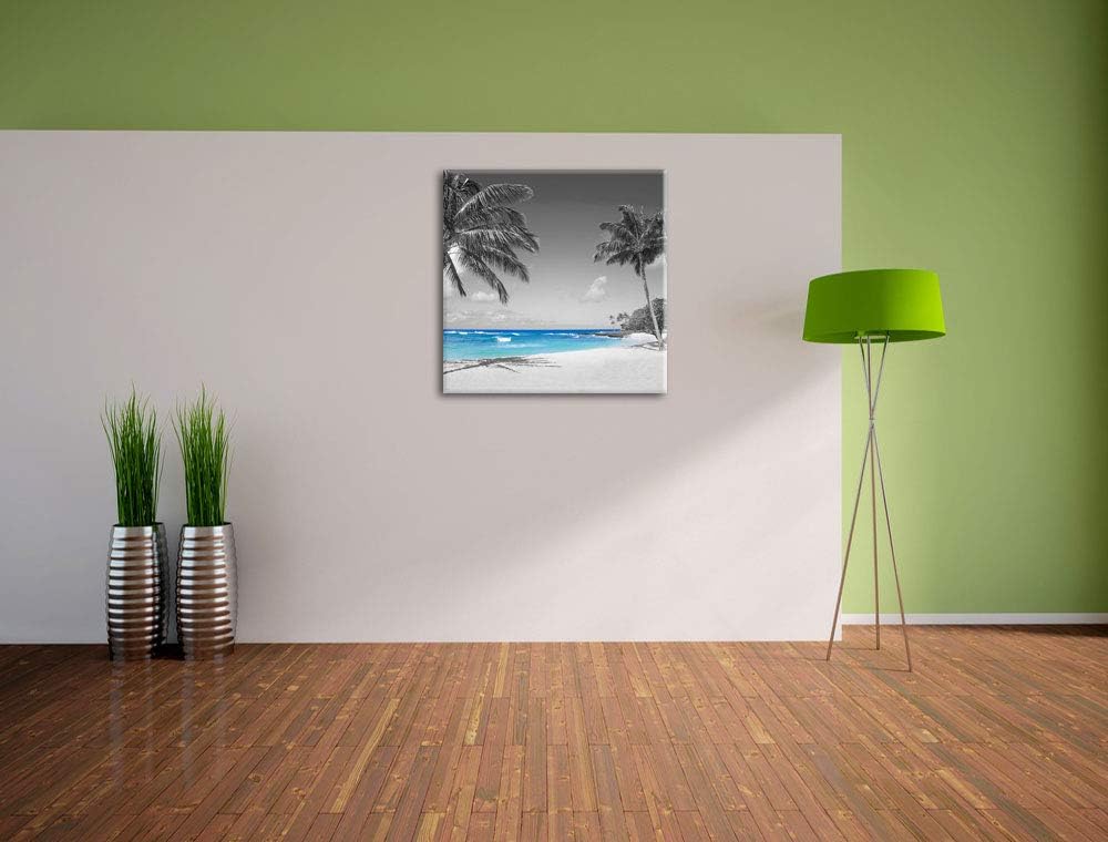 Pixxprint schöner Strand mit Palmen schwarz/weiss, Format: 70x70 auf Leinwand, 70x70