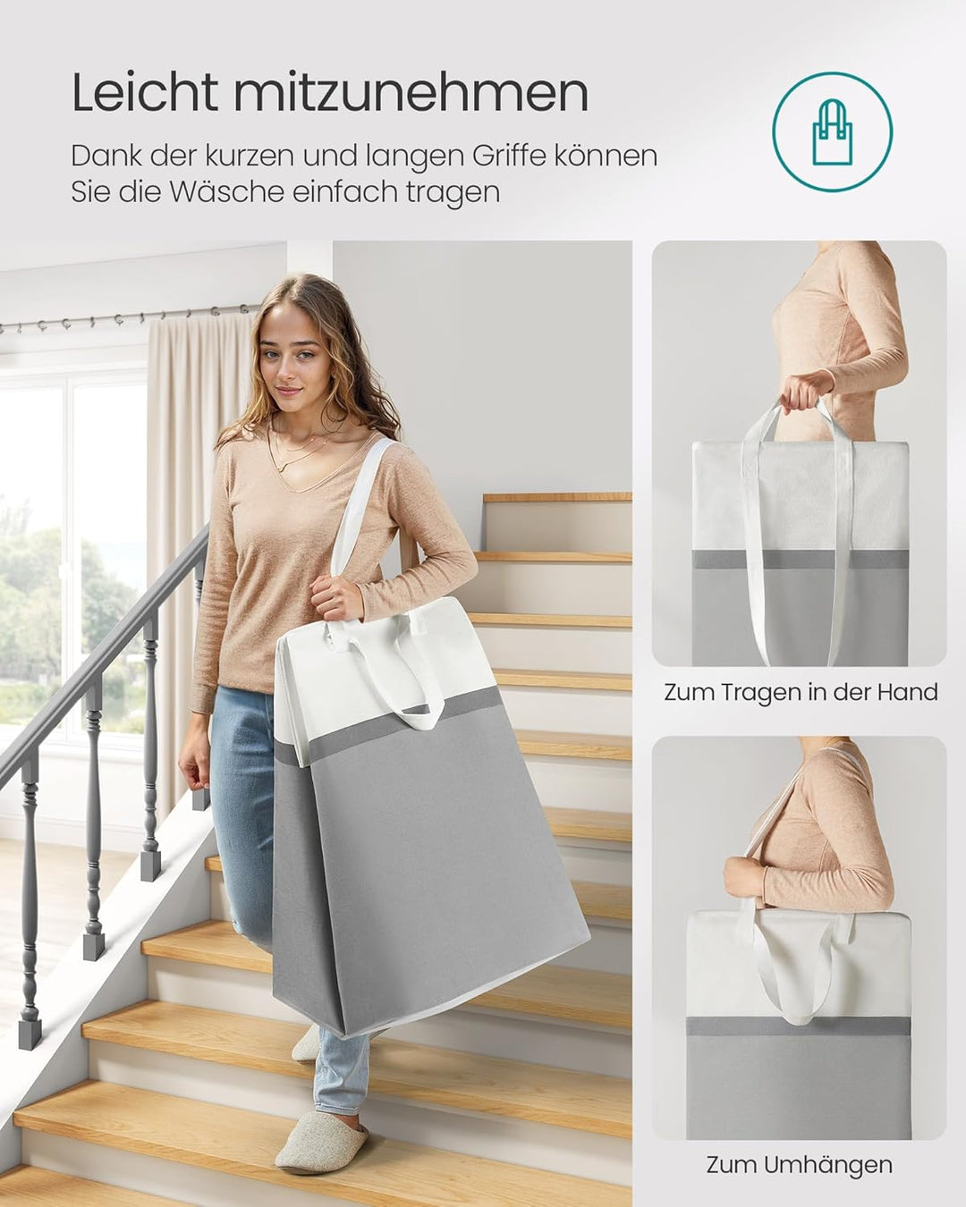 SONGMICS Wäschekorb 2er Set, 110 L Wäschesammler faltbar, mit kurzen und langen Griffen, leicht zu t