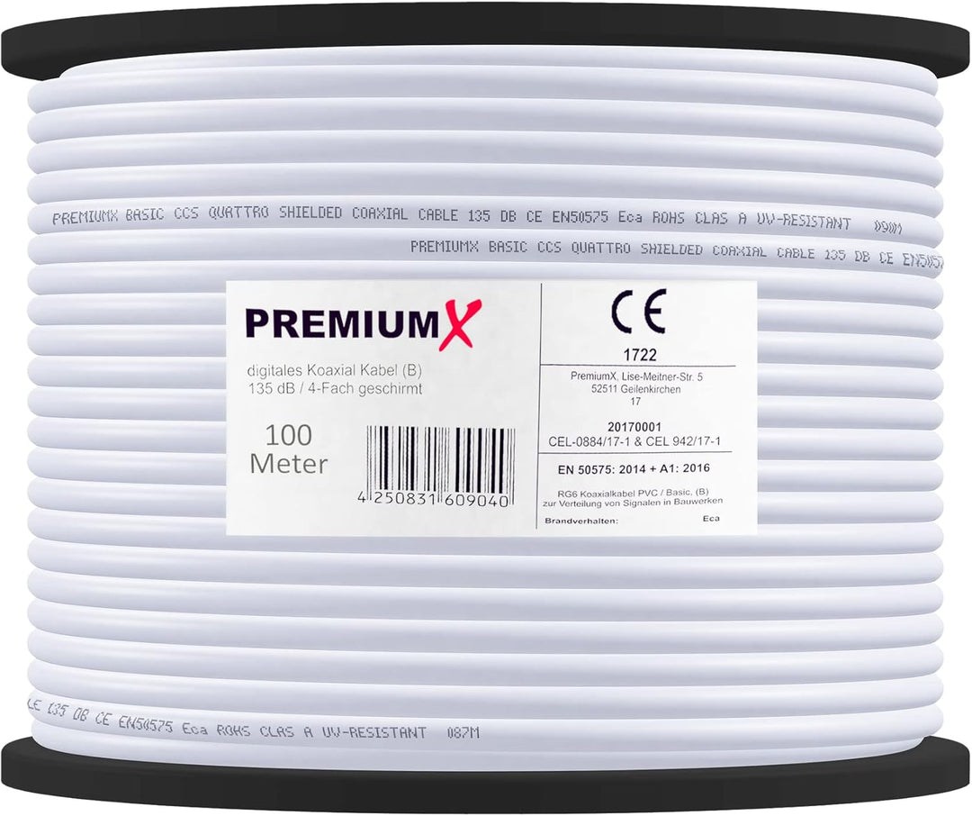 Premium X 100m BASIC Koaxialkabel 135dB 4-fach SAT Antennenkabel Koax-Kabel DVB-S / S2 DVB-C DVB-T B