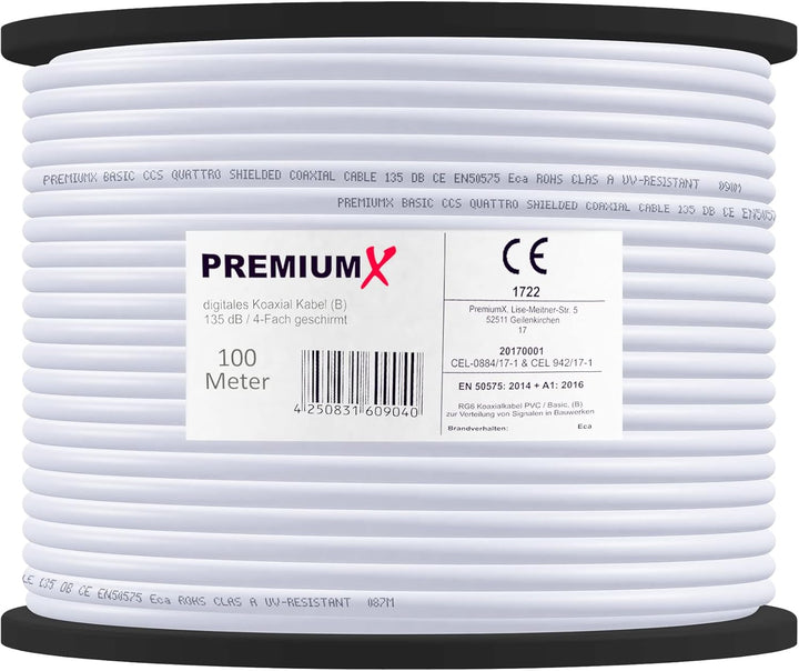 Premium X 100m BASIC Koaxialkabel 135dB 4-fach SAT Antennenkabel Koax-Kabel DVB-S / S2 DVB-C DVB-T B